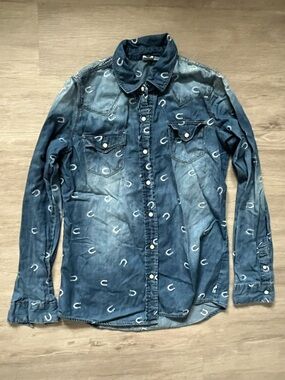 Roxy Indigo Denim Shirt Western Pearl Snap Horseshoe Long Sleeve Med